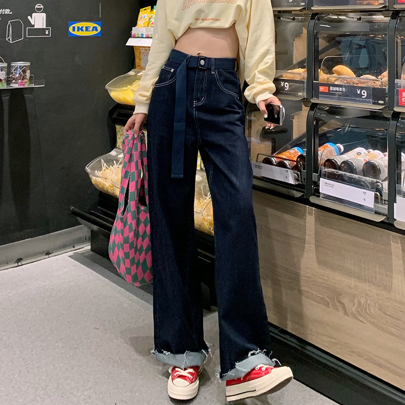 Dark Blue Belt Basic Jeans