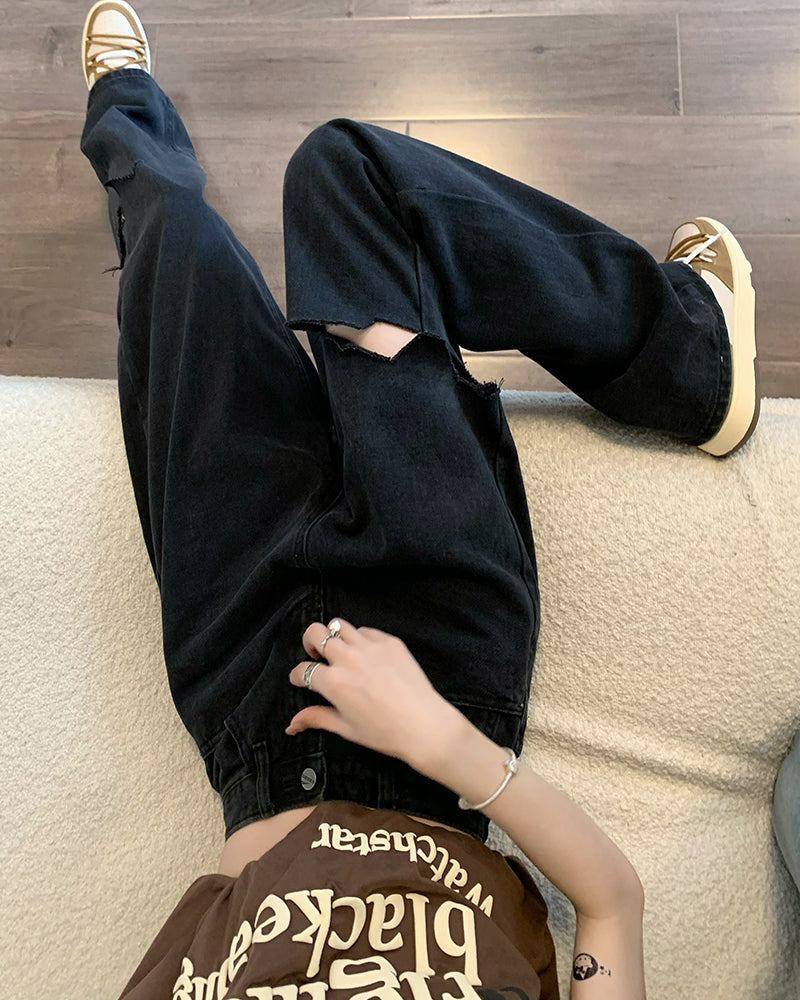 Wide leg ripped jeans