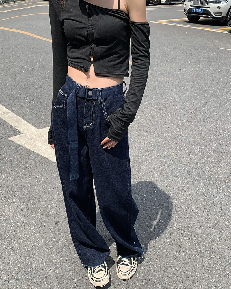 Dark Blue Belt Basic Jeans