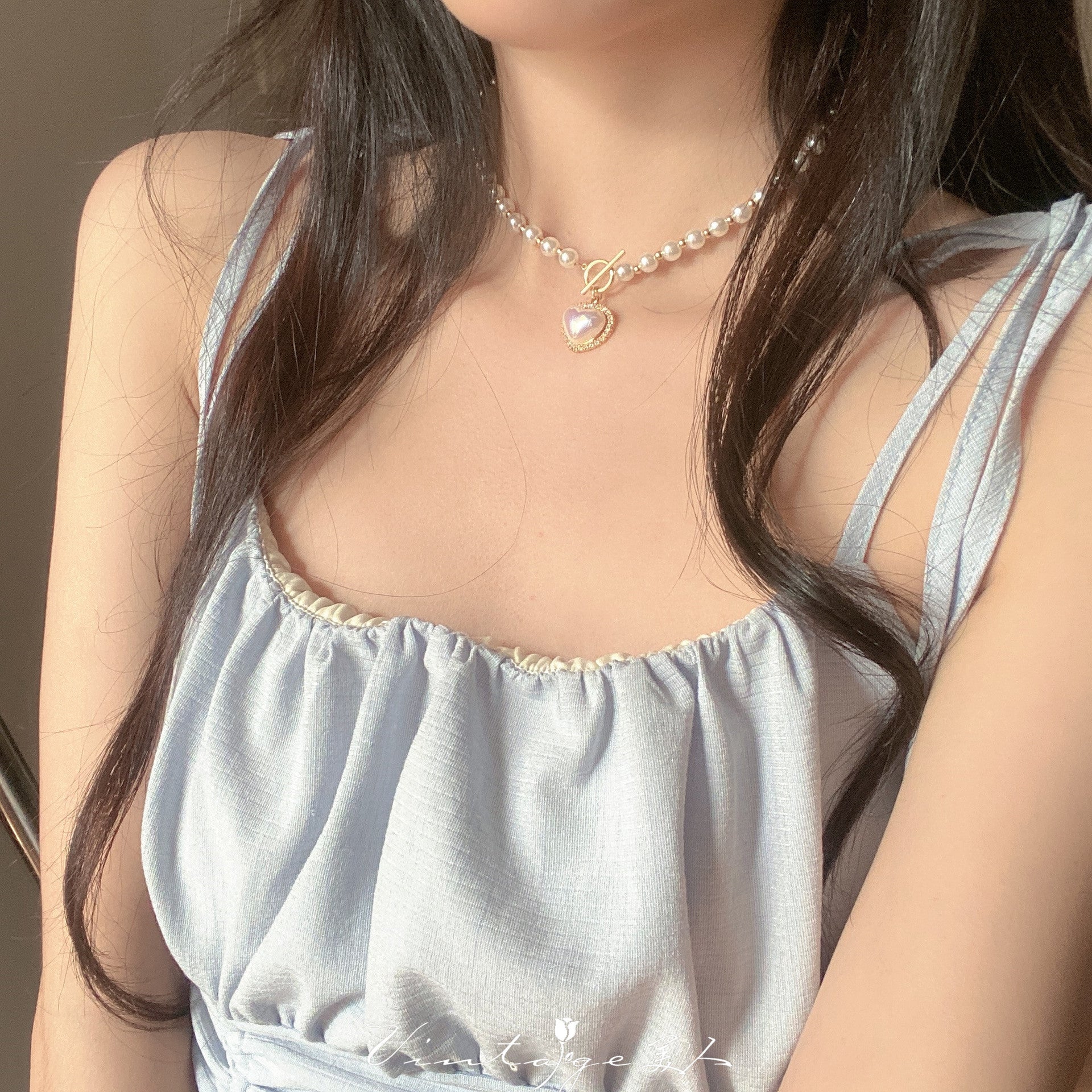 Gold Pearl Heart OT Necklace