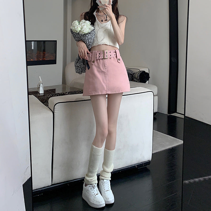 Hight Wais Belt Denim Skirt