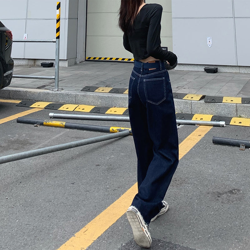 Dark Blue Belt Basic Jeans