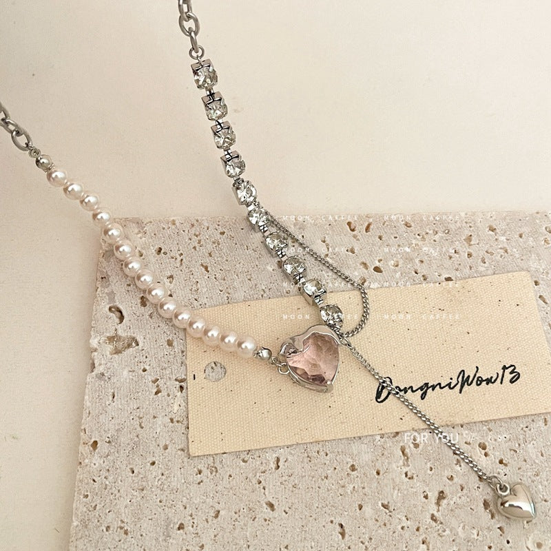 Pearl Rhinestone Heart Necklace