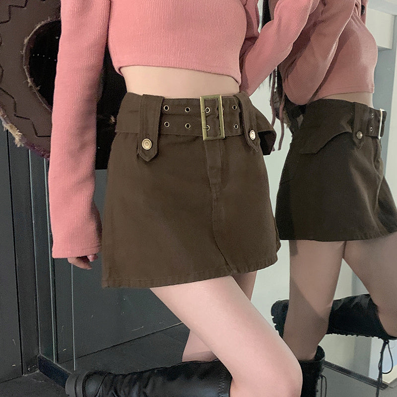 Hight Wais Belt Denim Skirt