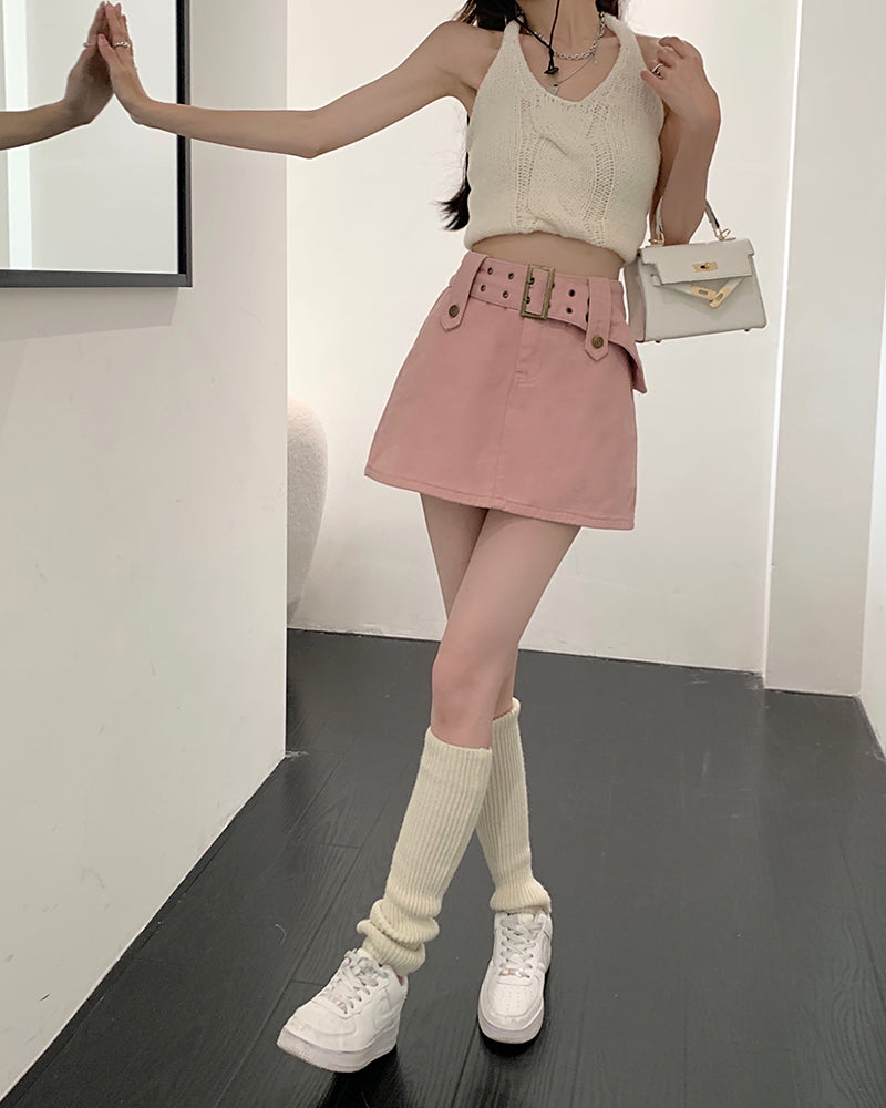 Hight Wais Belt Denim Skirt