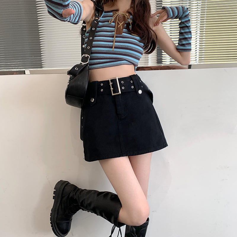 Hight Wais Belt Denim Skirt
