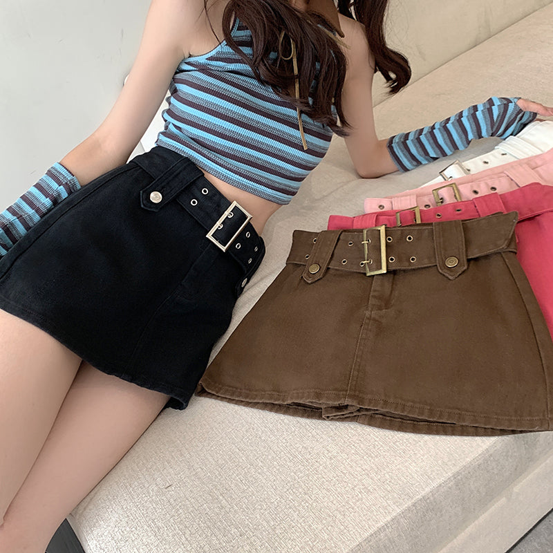 Hight Wais Belt Denim Skirt