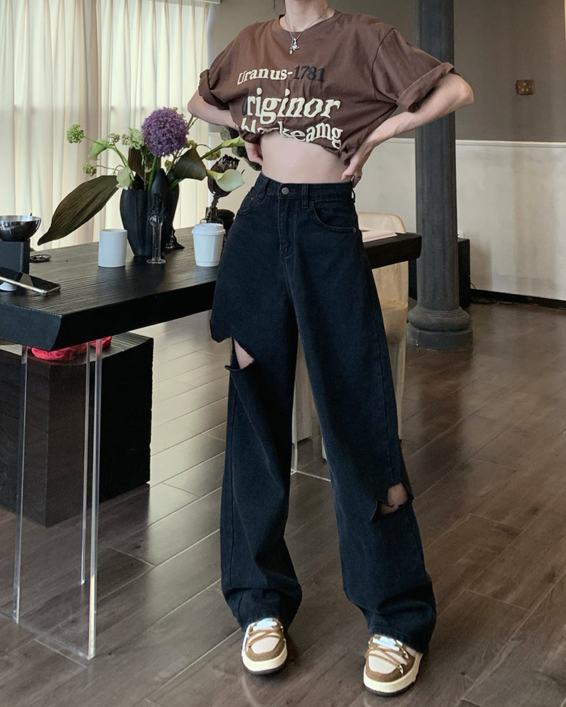 Wide leg ripped jeans