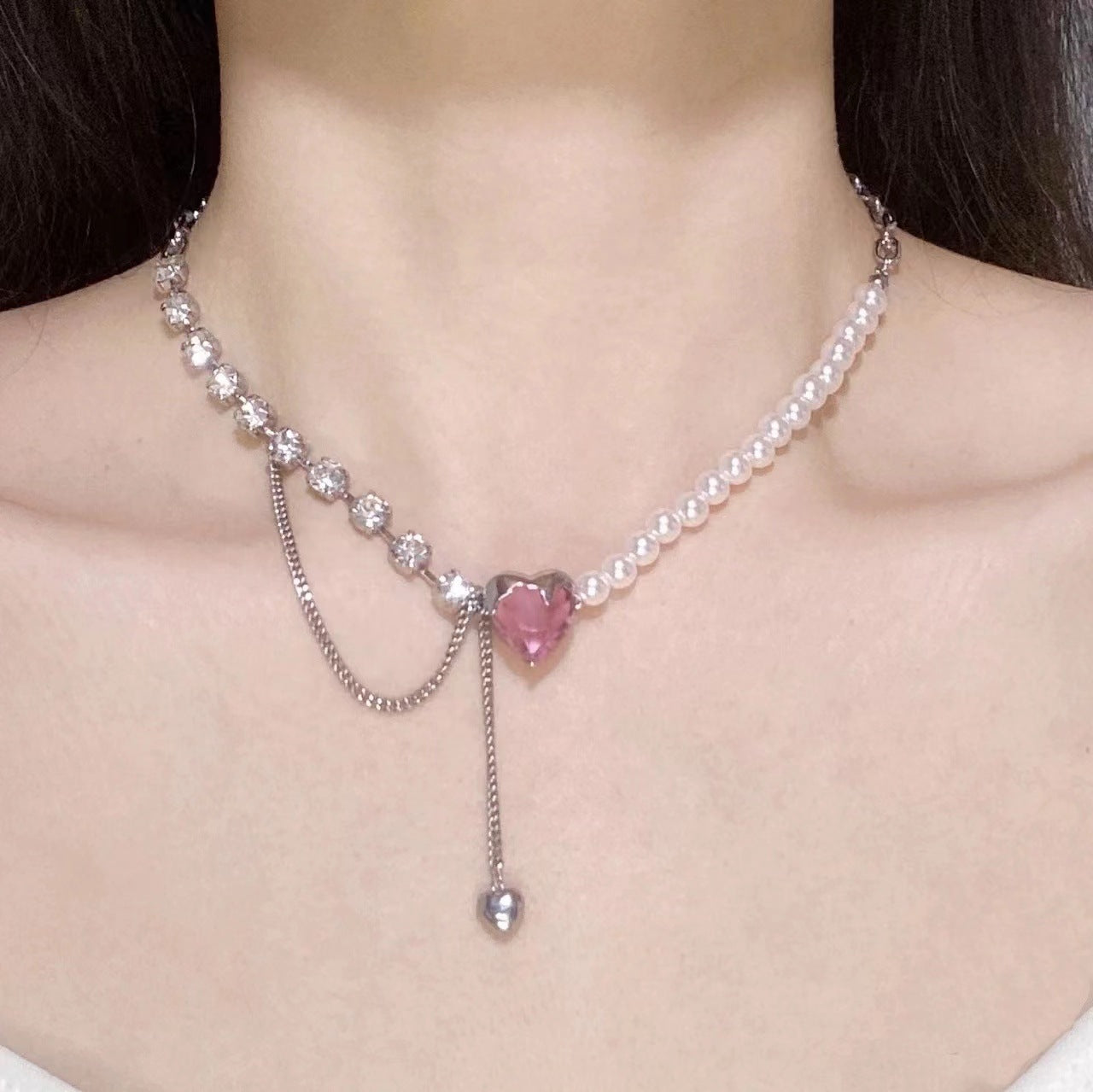 Pearl Rhinestone Heart Necklace
