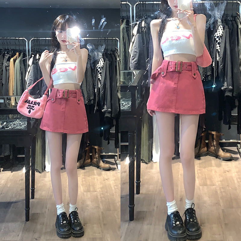 Hight Wais Belt Denim Skirt