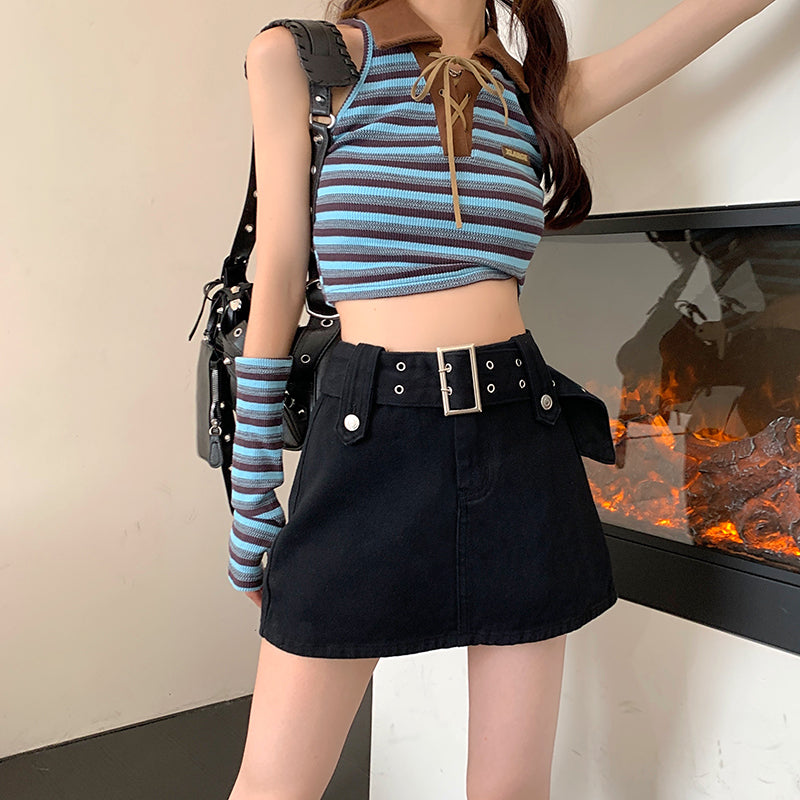 Hight Wais Belt Denim Skirt
