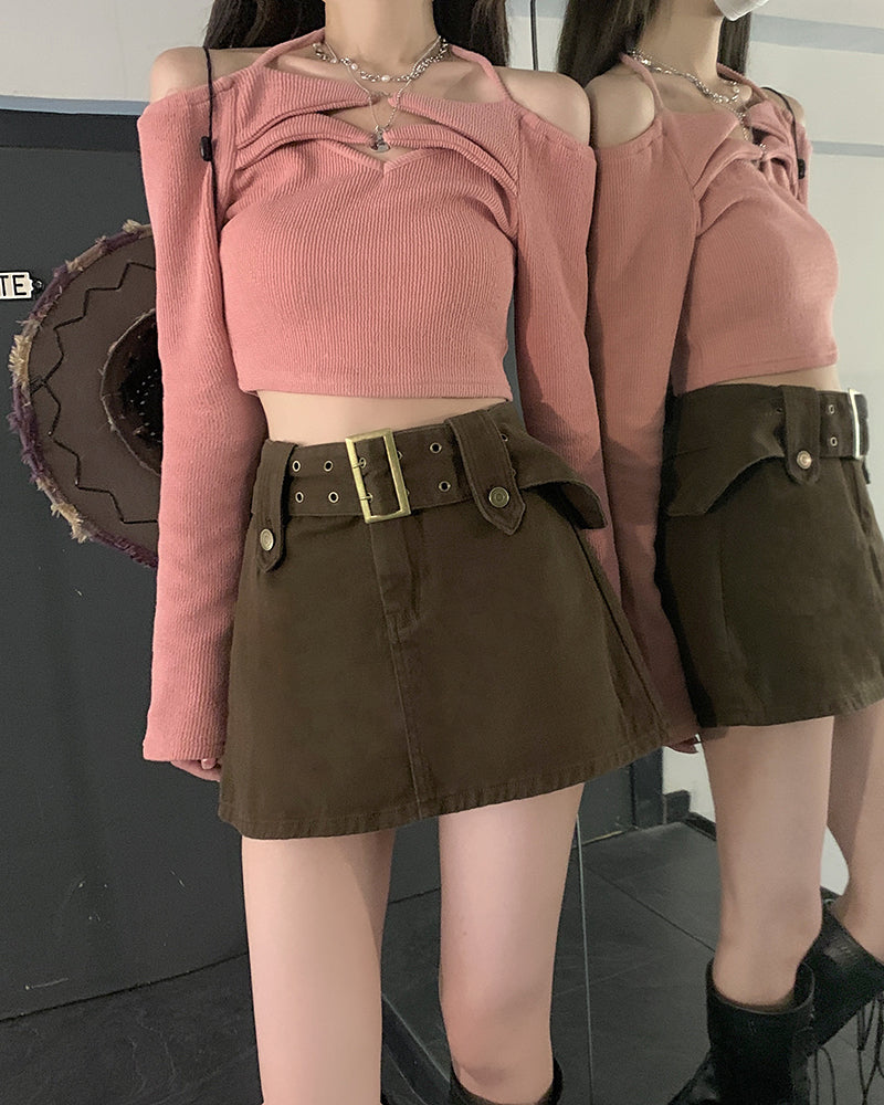 Hight Wais Belt Denim Skirt